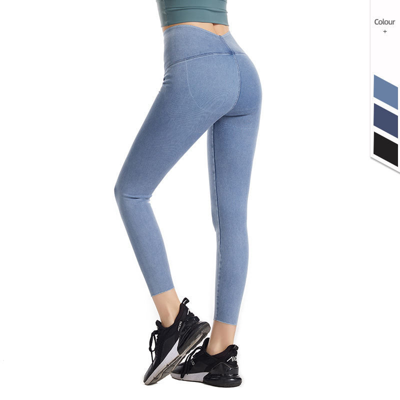 High-waisted denim yoga fitness pants